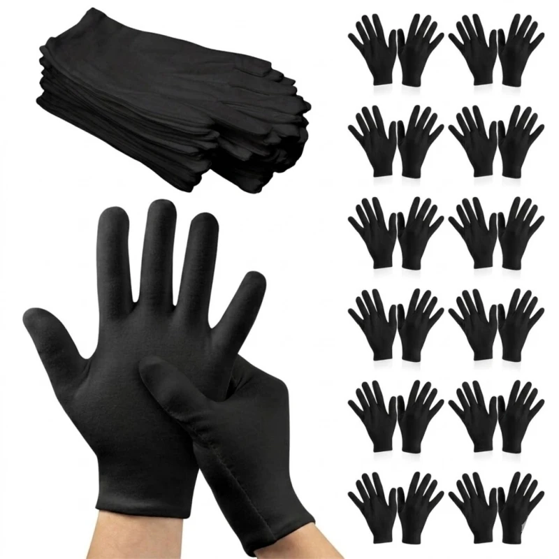 12/24 Stück schwarze Baumwollhandschuhe für trockene Hände, Ekzem, feuchtigkeitsspendende, elastische Arbeitshandschuhe, Innenhandschuhe zum Servieren, Kostümieren, Inspektieren, Fahren