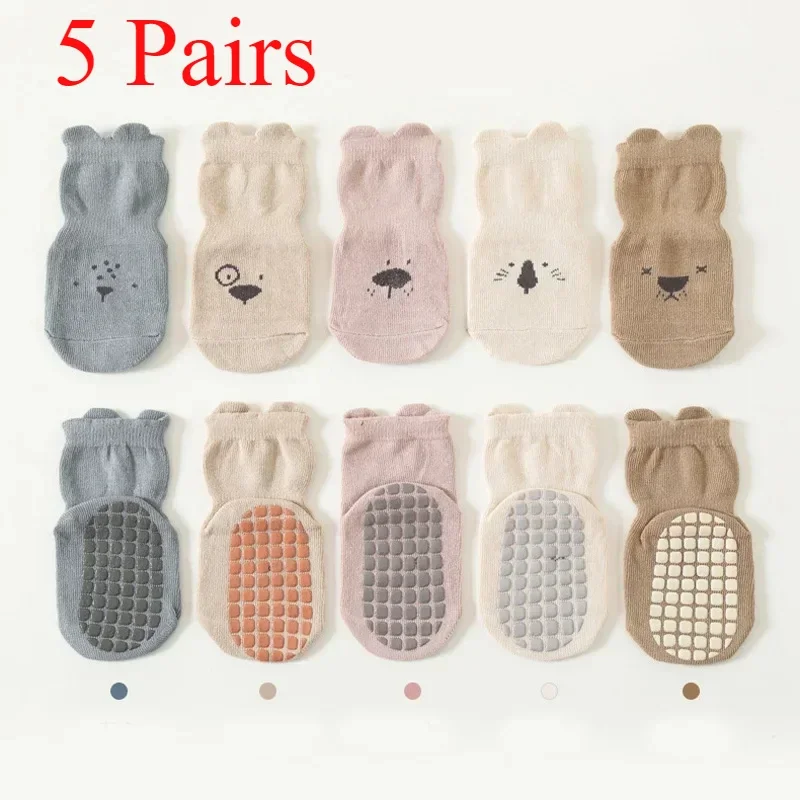 3/5 Pairs Breathable Casual Socks for Boys and Girls Kids Indoor Activities Baby Adorable Animals Pattern Non Slip Floor Socks