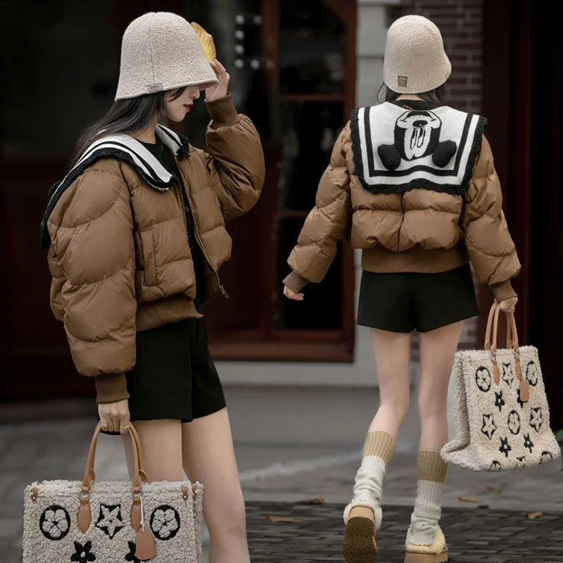 Disney Mickey Cute Cartoon Winter New Knitted Jacket Women's College Style Short Style Cotton Jacket Thick Warm Sweet Trend Coat