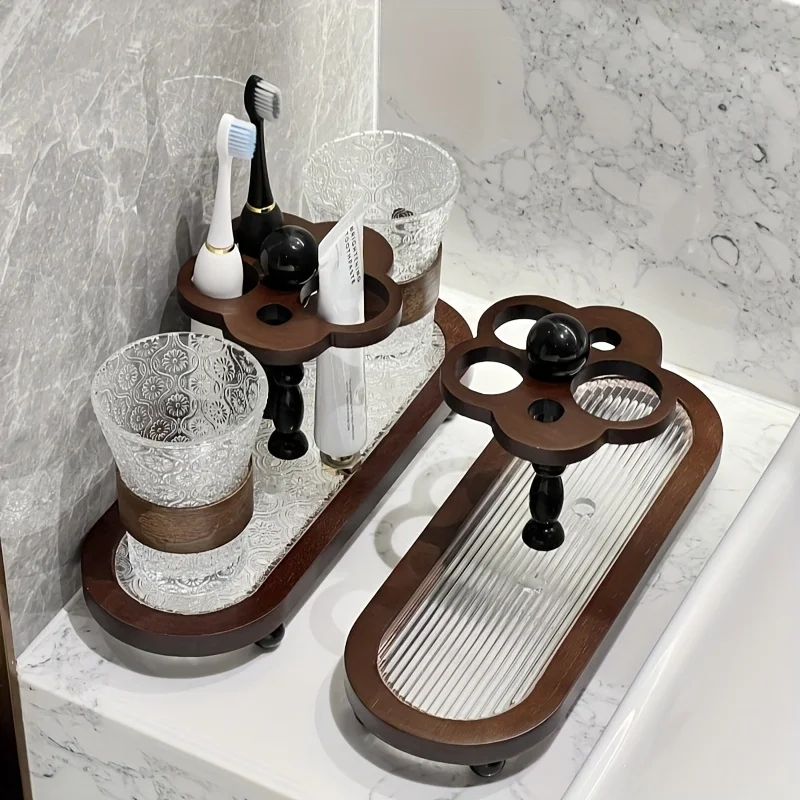 

Vintage-Style Toothbrush Holder with a Mouthwash Cup, a Retro Aesthetic for Organizing Care Items on The Bathroom Countertop