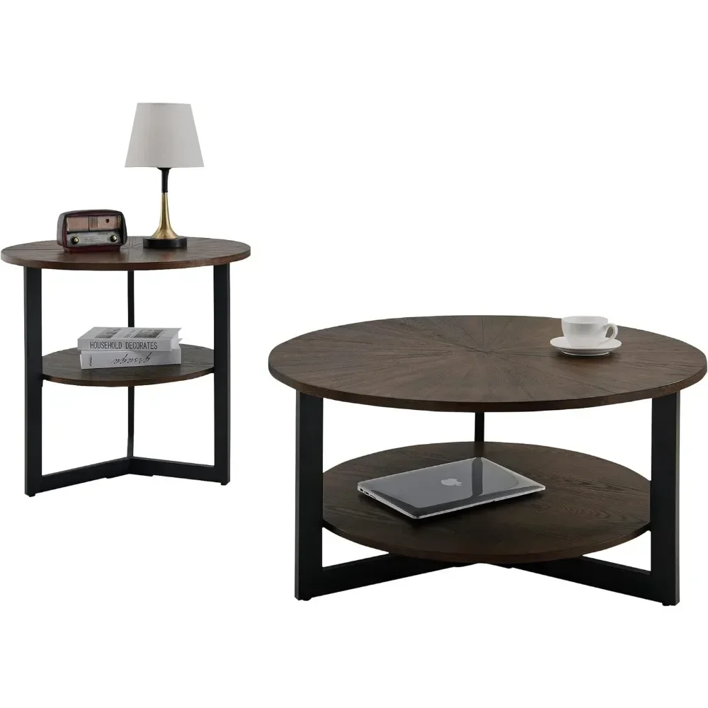 Mesa de centro Circular de madera maciza con patas de Metal negro, estante de almacenamiento, sala de estar de granja, cóctel