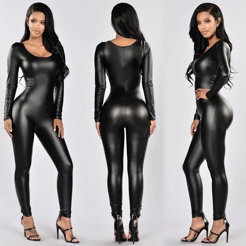 Women Jumpsuit Patent Leather Sexy Black Long Sleeve Jumpsuit Female Uniform Bodysuit