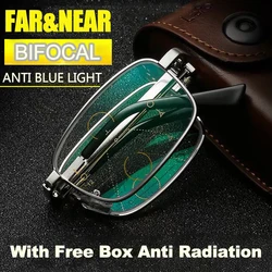 Bifocal Reading Glasses Men Women Foldable Metal Frame Presbyopic Eyeglasses with Eyewear Box +1.0 To +4.0 HD Gafas