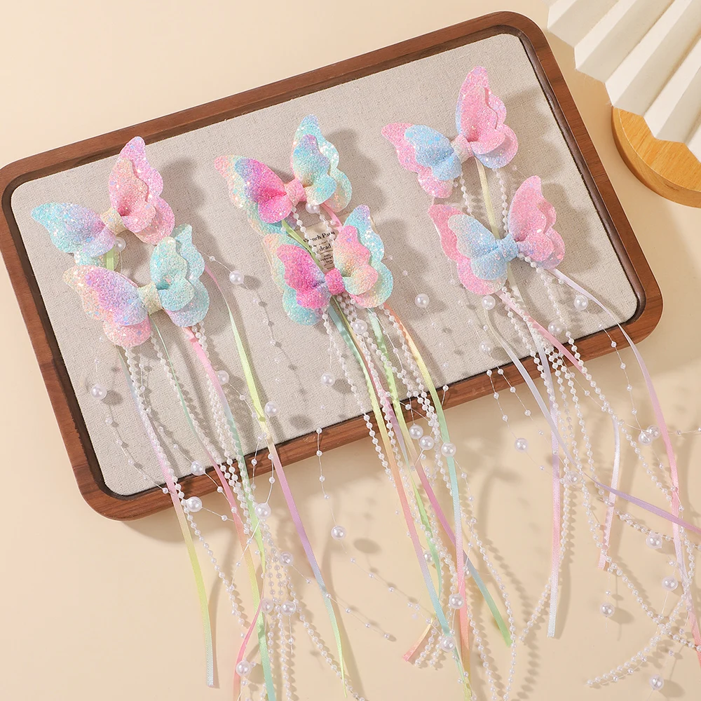 2Pcs Glitter Butterfly Bow Hair Clips Rainbow Butterfly With Sweet Long Pearls Tassels Barrtte Princess Hair Accessories Gifts