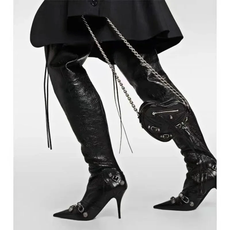 2024 Spring Luxury New Fashion Sexy Pointed Toe Metal Buckle Over Knee Boots for Women Slim Tassel High Heels Big Size Shoes 43