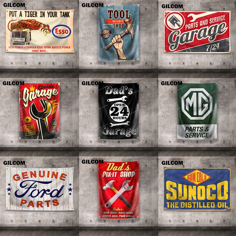 Гаражный флаг, автозапчасти, винтажный постер для инструментов, полиэстер, цифровая печать, настенное украшение, баннер, гобелен для магазина шин с газовым маслом