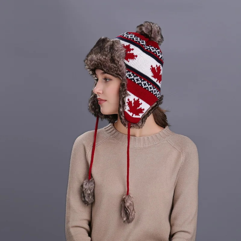 Women's Knitted Winter Hat with Fur Lining Maple Leaf Pattern Warm Earflap Cap Outdoor Cycling Skiing Windproof Cold Protection