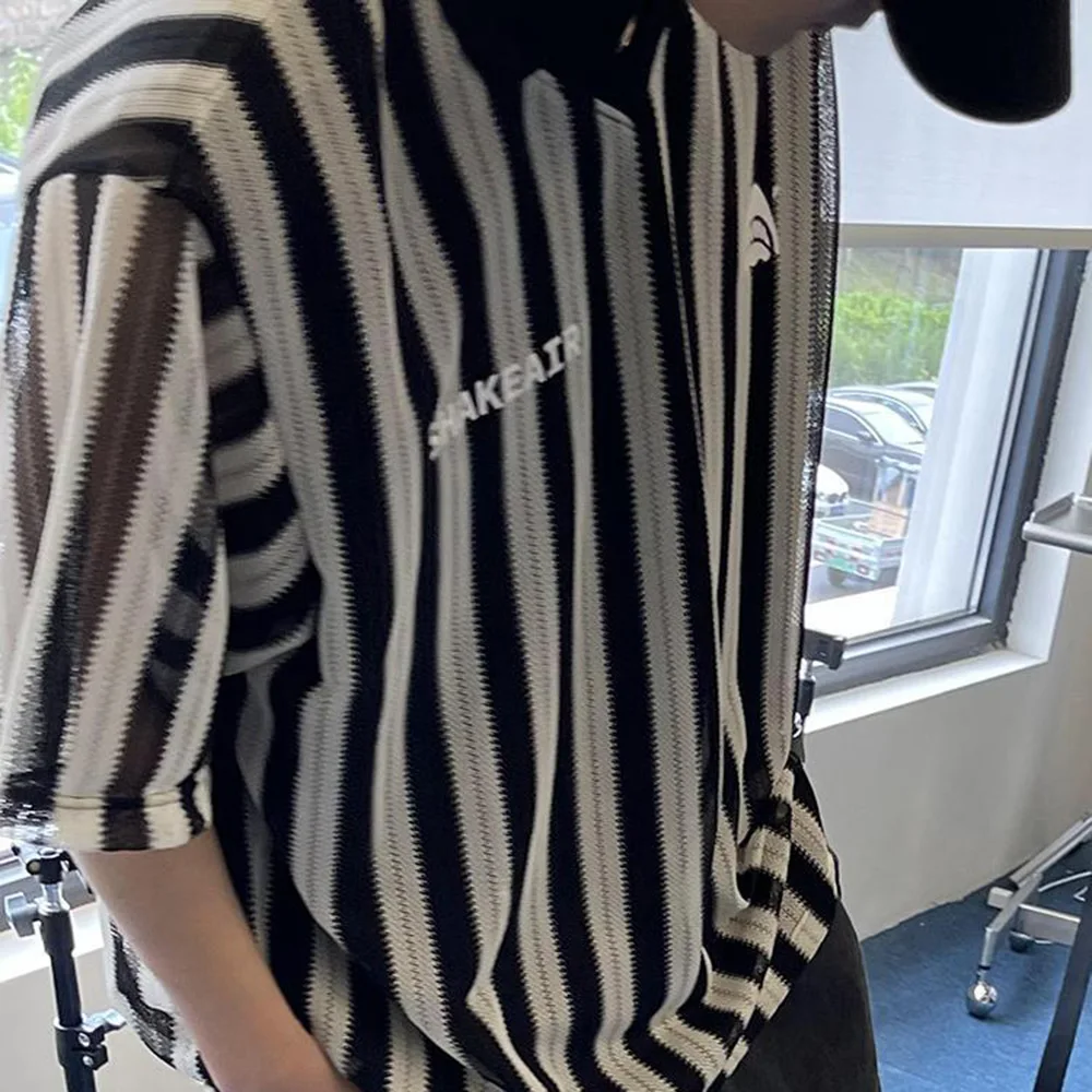 T Shirt Mens Summer Y2K Striped Hollow Mesh Short Sleeve Retro Jersey Contrast Breathable Loose Trendy Sports Daily Mens Clothes