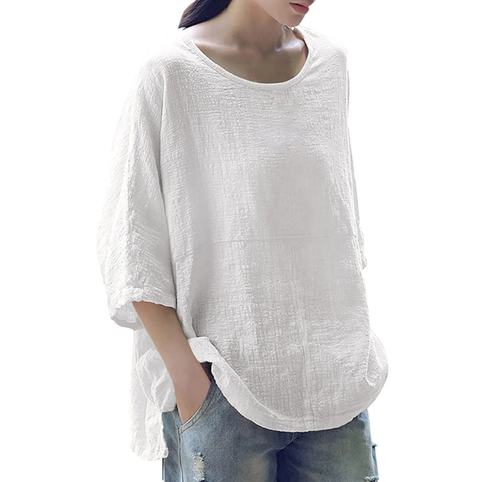 Summer Plus Size S-5XL New Casual Loose Wild Seven-Minute Sleeve Blouse Top Round Neck Solid Color T-Shirt Women