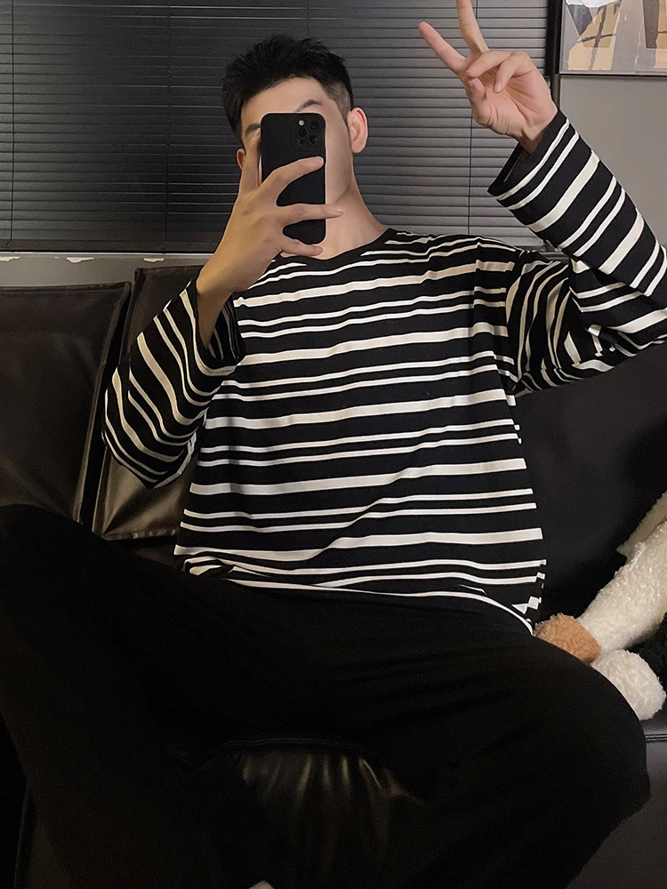 

DAIMELU простая полосатая пижама, мужская весенняя одежда для сна, осенняя тонкая хлопковая ночная рубашка с длинными рукавами, мужской элитный костюм для дома