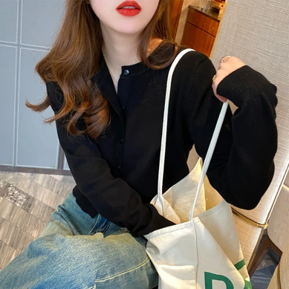 Loose Fit Long Sleeve Knit Cardigan Solid Color Single Breasted Women Sweater O Neck Knit Jacket