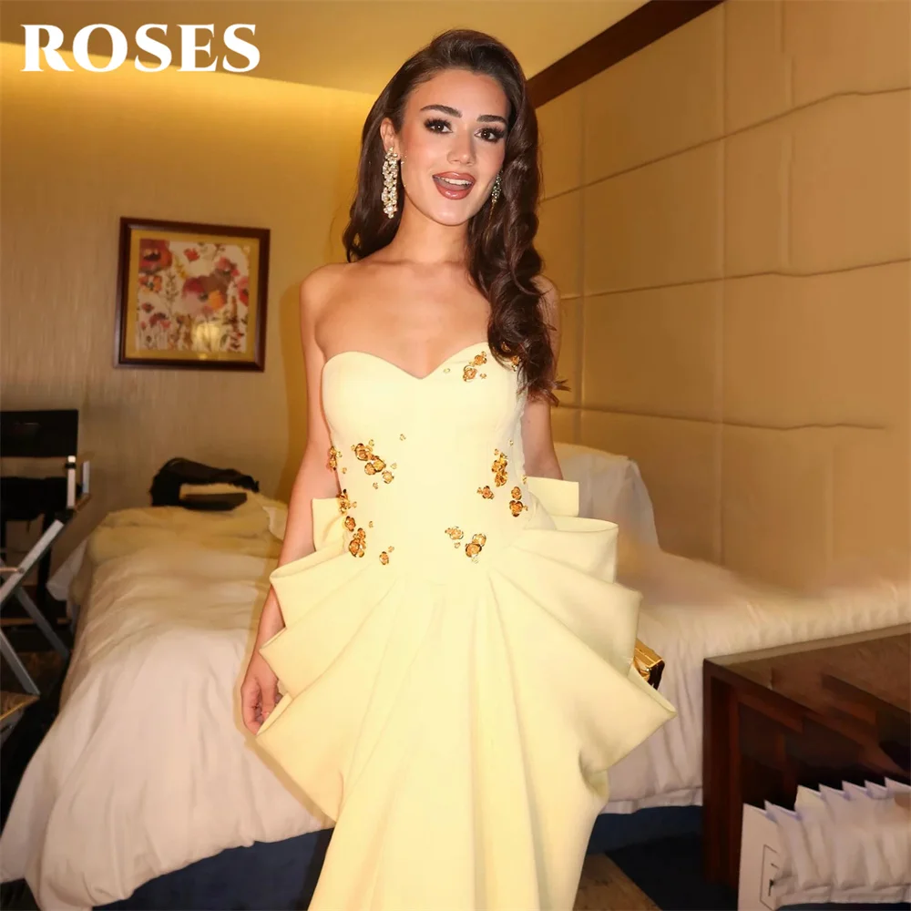 

ROSES Canary Yellow Prom Dresses Sweetheart Mermaid Formal Dresses with 3D Beaded Ruched Evening Dresses for Women Customized