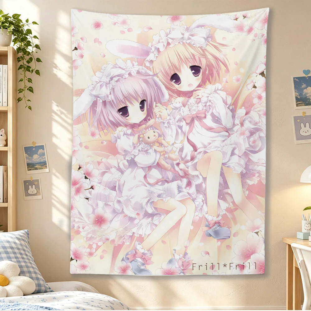 Kawaii Bunny Girl Anime Tapestry Wall Hanging, Sweet Sakura Lolita Character Print Wall Art, Pink Cherry Blossom Room Decor
