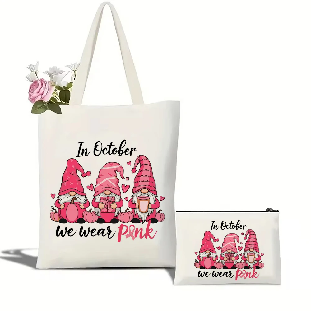 

Gnomes in October We Wear Pink Tote Bag Set Women Shoulder Handbag Cosmetic Bag Canvas Large Capacity Shopping Bag Travel Pouch