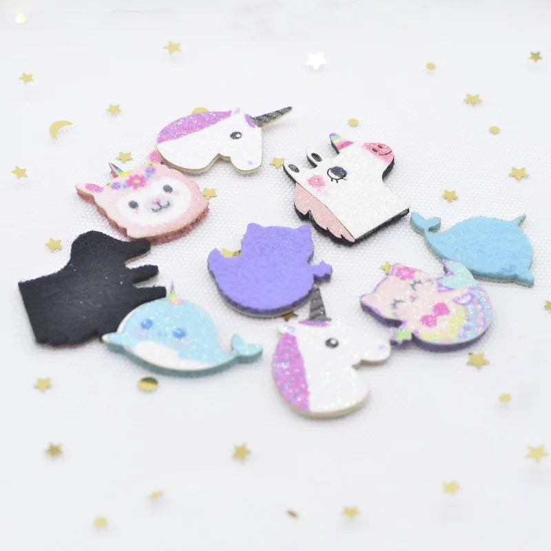 10Pcs Glitter Print Fabric Appliques Narwhal Cat & Mermaid Sheep Unicorn Horse Patches for DIY Crafts Hair Clips Bow Decor