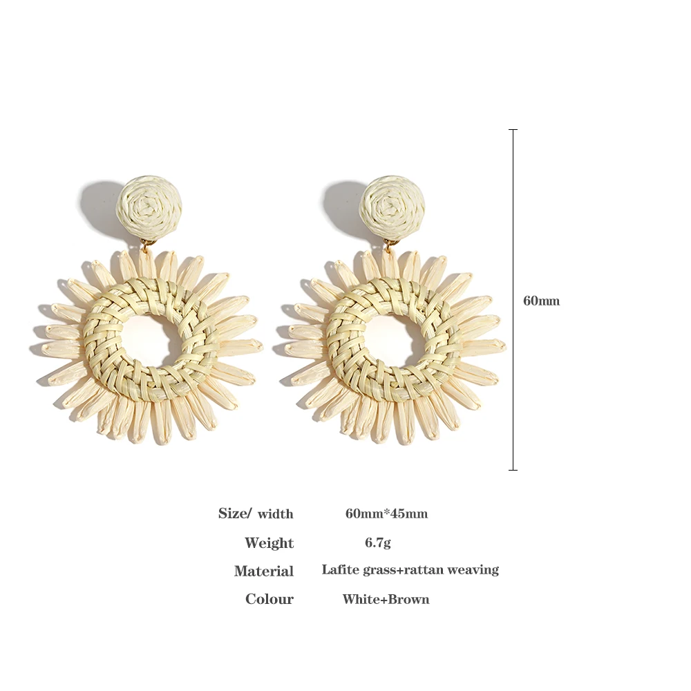 Lifefontier Handmade Sunflower Flower Raffia Braided Earring Ethnic Hollow Round Geometric Beach Drop Earrings For Women Jewelry