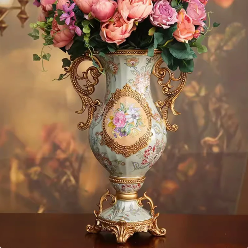 European Luxury Classical Vase+Silk Flower Figurine Home Decoration Livingroom Desktop Retro Flowerpot Ornaments Resin Crafts