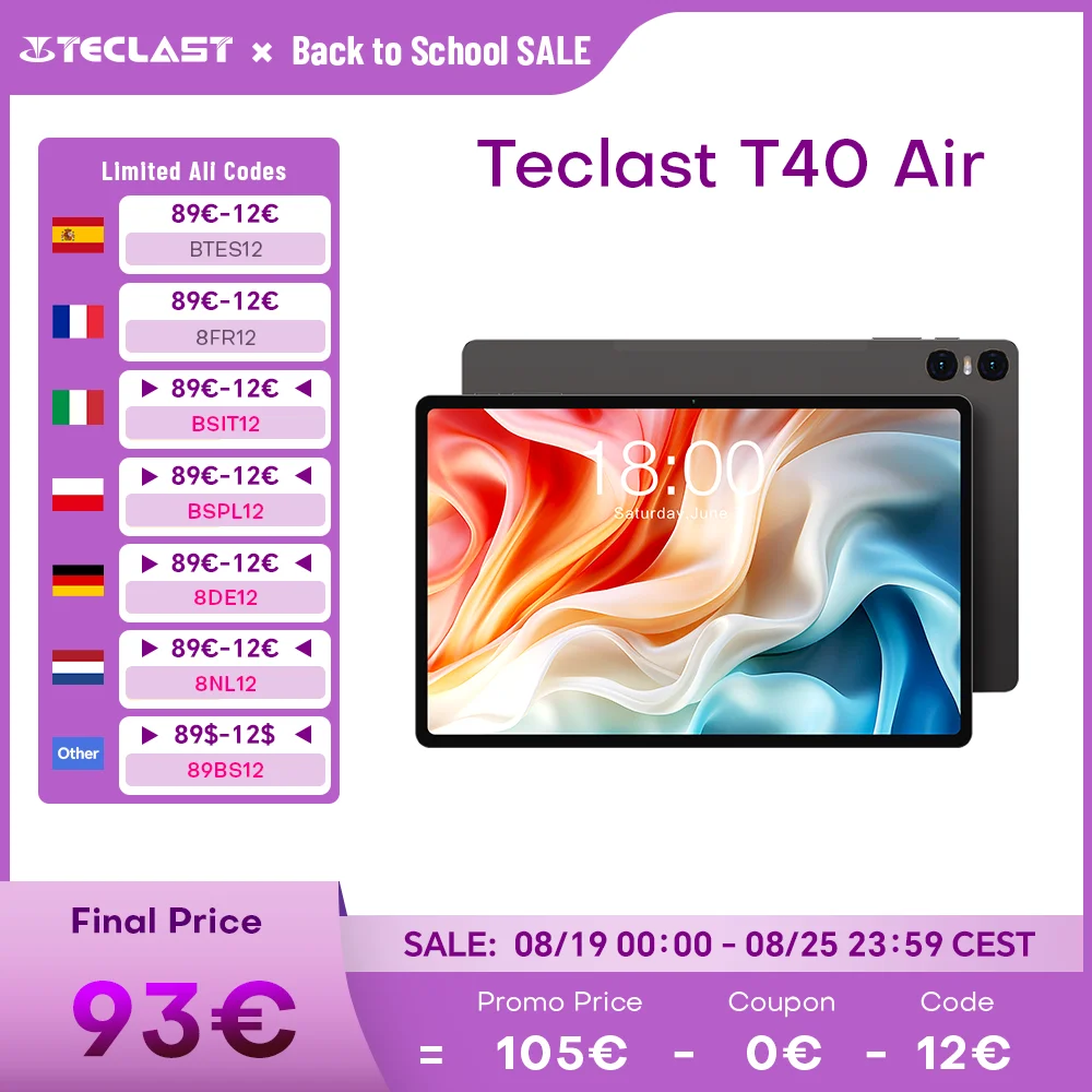 Teclast T40 Air 10.4 Inch 2K FHD Tablet 8GB RAM 256GB ROM 2000x1200 UNISOC T616 Octa Core 4G Network WiFi Android 13 PC Tablet