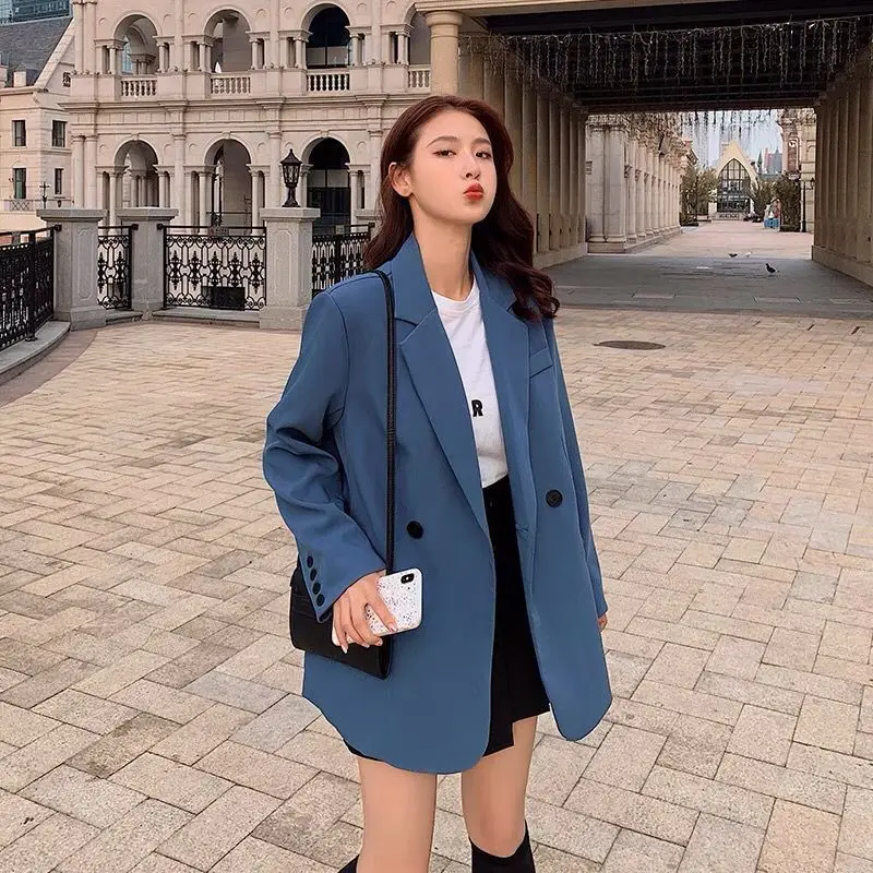 

Women Chic Office Lady Double Breasted Vintage Coat Fashion Notched Collar Long Sleeve Ladies Outerwear Stylish Tops blazer crop