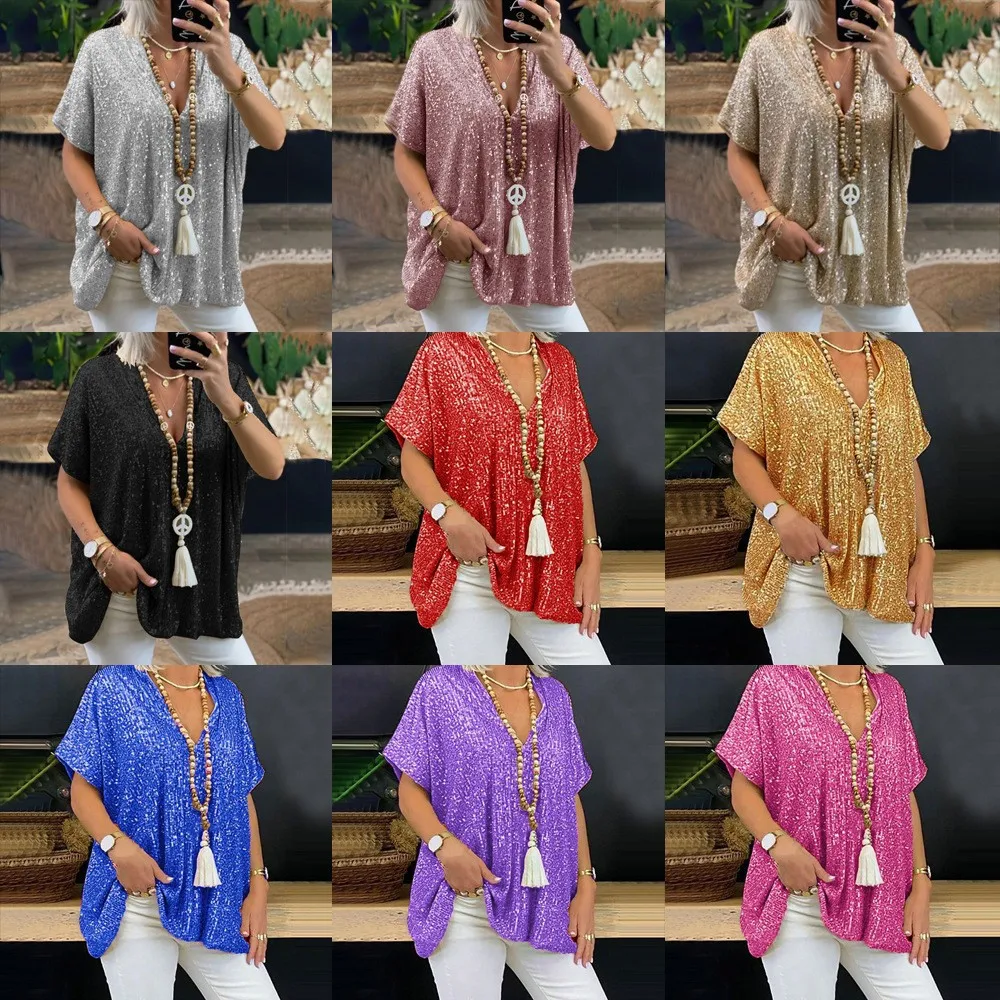 Loose Sequin V-Ne T-irt Women's plus Size 3XL Top Summer Casual ort Sve Net Fabric  Color Faion Ladies' Tee