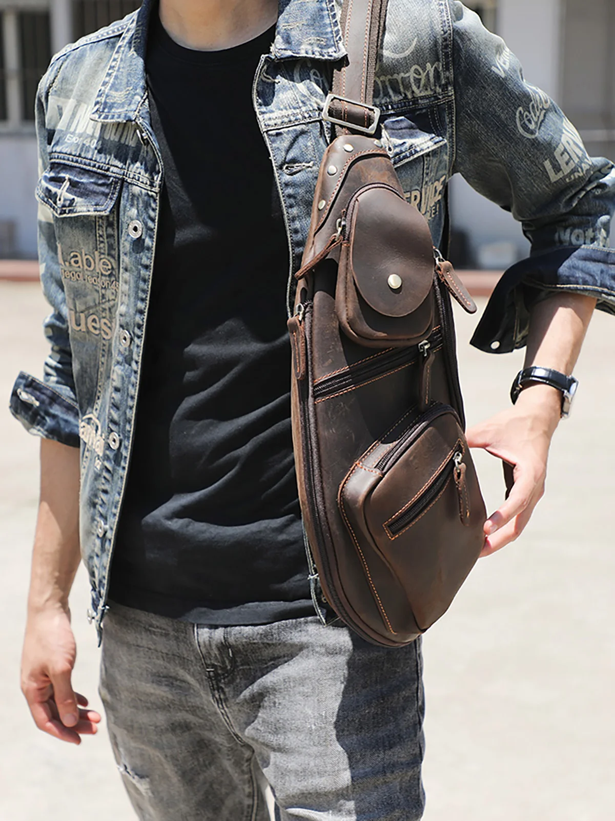 S.WORKER Echtleder Herren-Umhängetasche | Retro Crazy Horse Leder Tagesrucksack Umhängetaschen für Männer – Detail 5