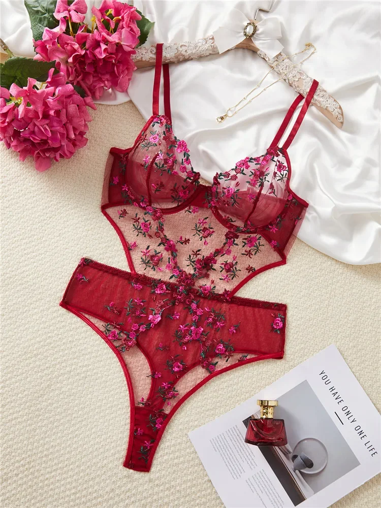

Sexy Lingerie Bodysuit One Piece Bra Briefs Female Embroidery Flower Romantic Lace Underwear Transparent See Through Exotic Sets