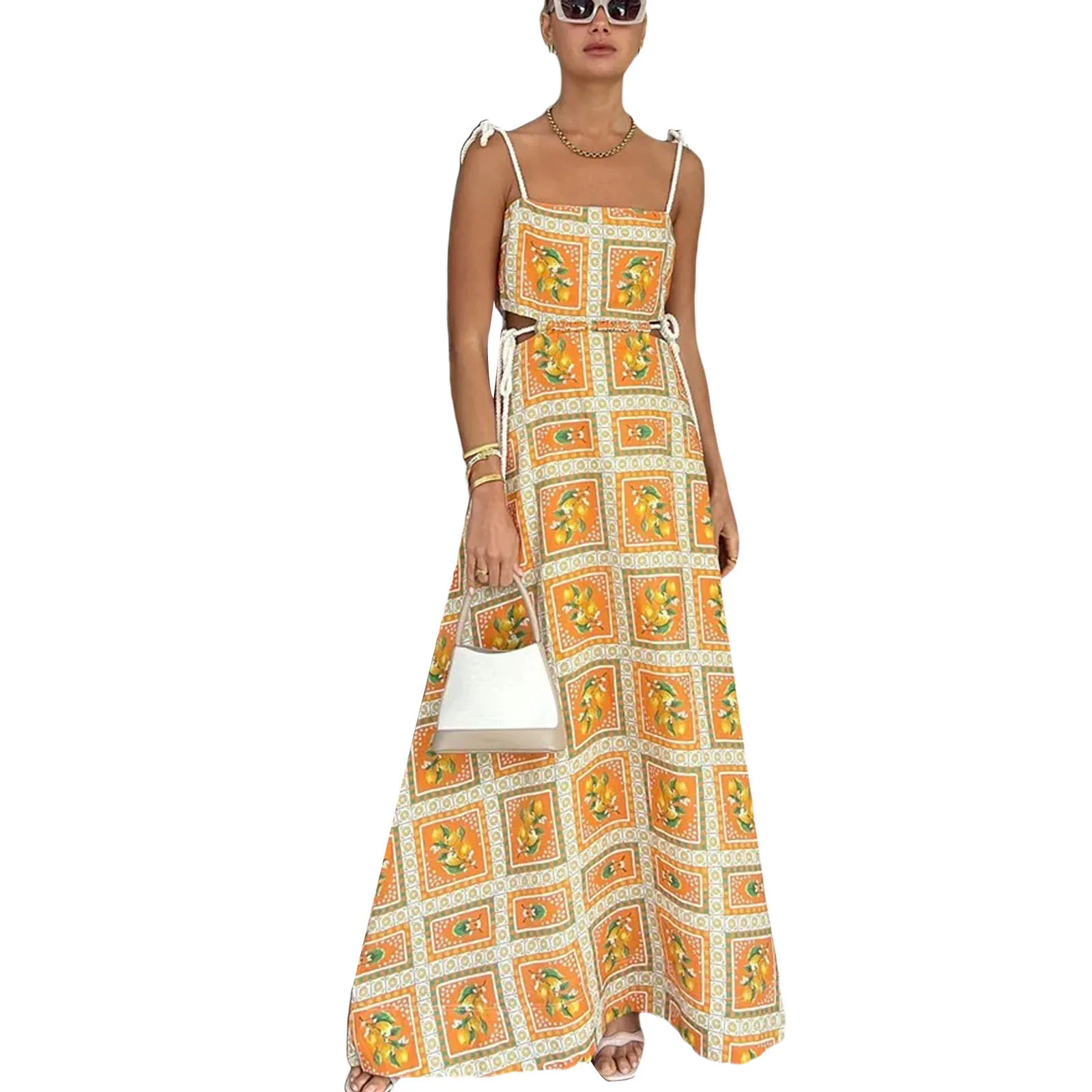 Women Sleeveless Backless Flowy Cami Long Dresses Adjustable Straps Lacing-up Dress Waist Cut-out Orange Print Square Neck Dress