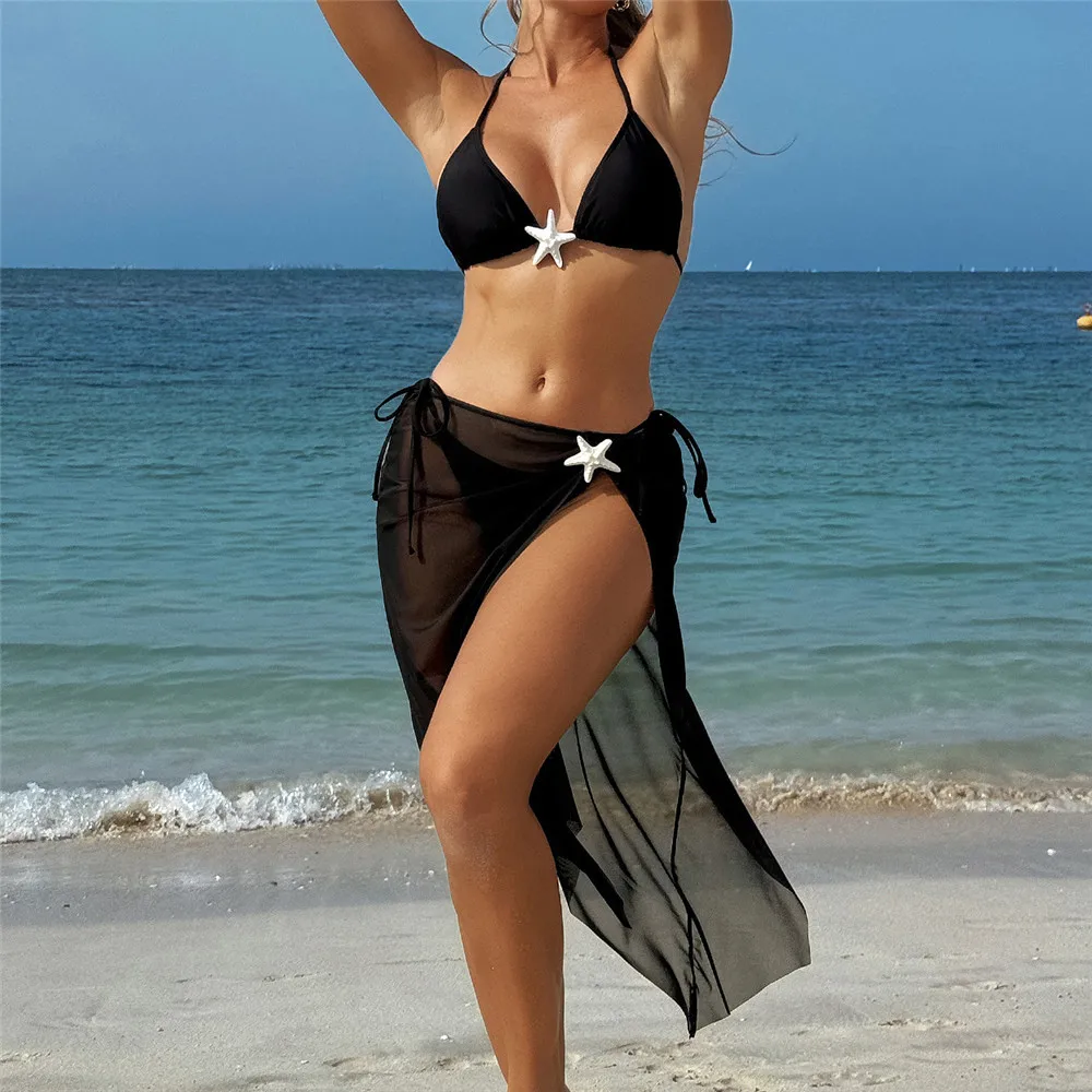 

Купальник с украшением в виде морской звезды, сетчатая накидка, 2025 г., черный сексуальный купальник с лямкой на шее, треугольные комплекты бикини, комплект из 3 предметов, микро-стринги, женский купальник