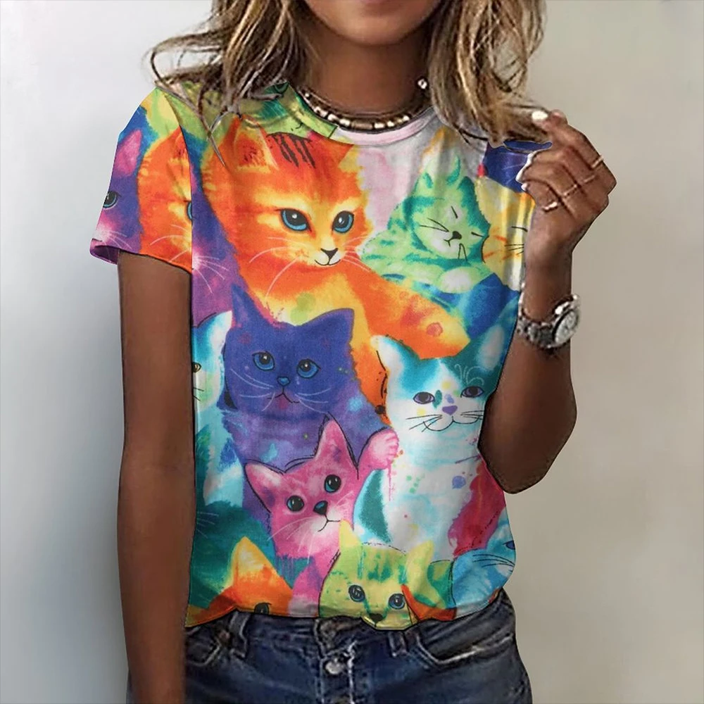 Fashion Women\'s T-Shirt Cat Printed Short Sleeve Female Harajuku Tees T Shirt Oversized O-Neck Tops Animal Funny Ladies Clothing