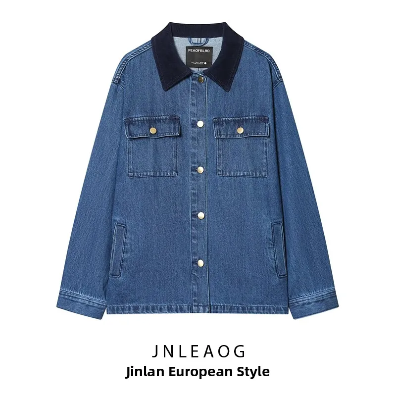 

Женская модная джинсовая куртка JNLEAOG с вельветовым воротником, универсальная верхняя одежда, удлиненный крой, из полиэфирного волокна