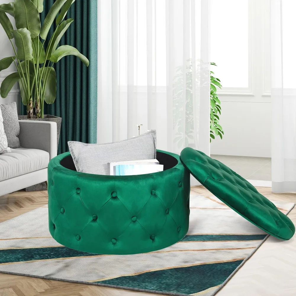 Round Velvet Button Tufted Storage Ottoman Footrest