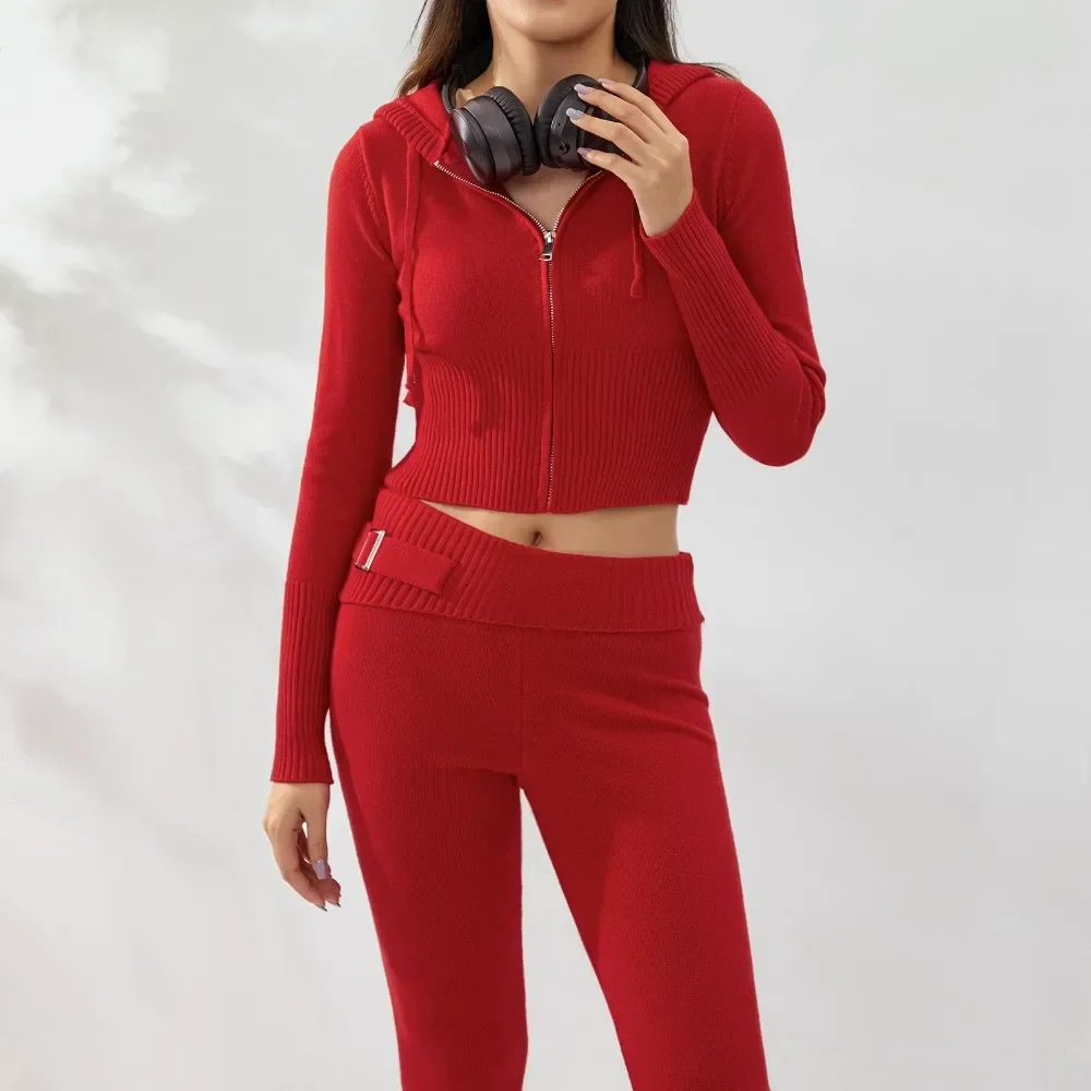 Long Sleeve Zip Up Hoodie with High Waist Wide Leg Pant 2 Piece Loungewear Ensemble Casual Set Women Cozy Ribbed Knit Lounge Set