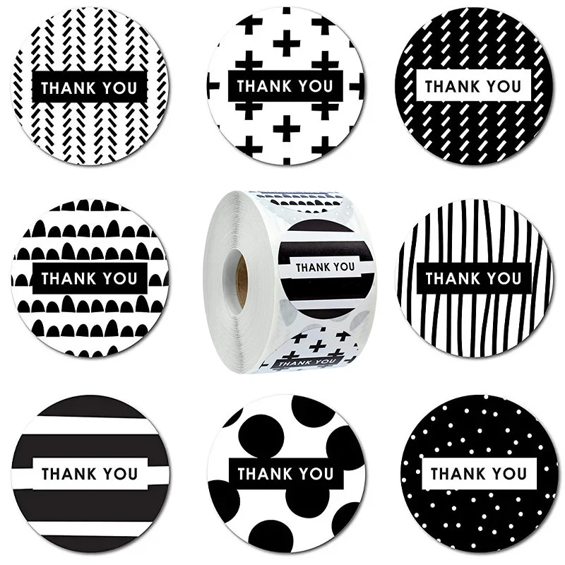 

100/500Pcs/Roll Black White Thank You Decorative Sticker Perfect for Party Gifts Envelopes Business Packaging Decorative Labels