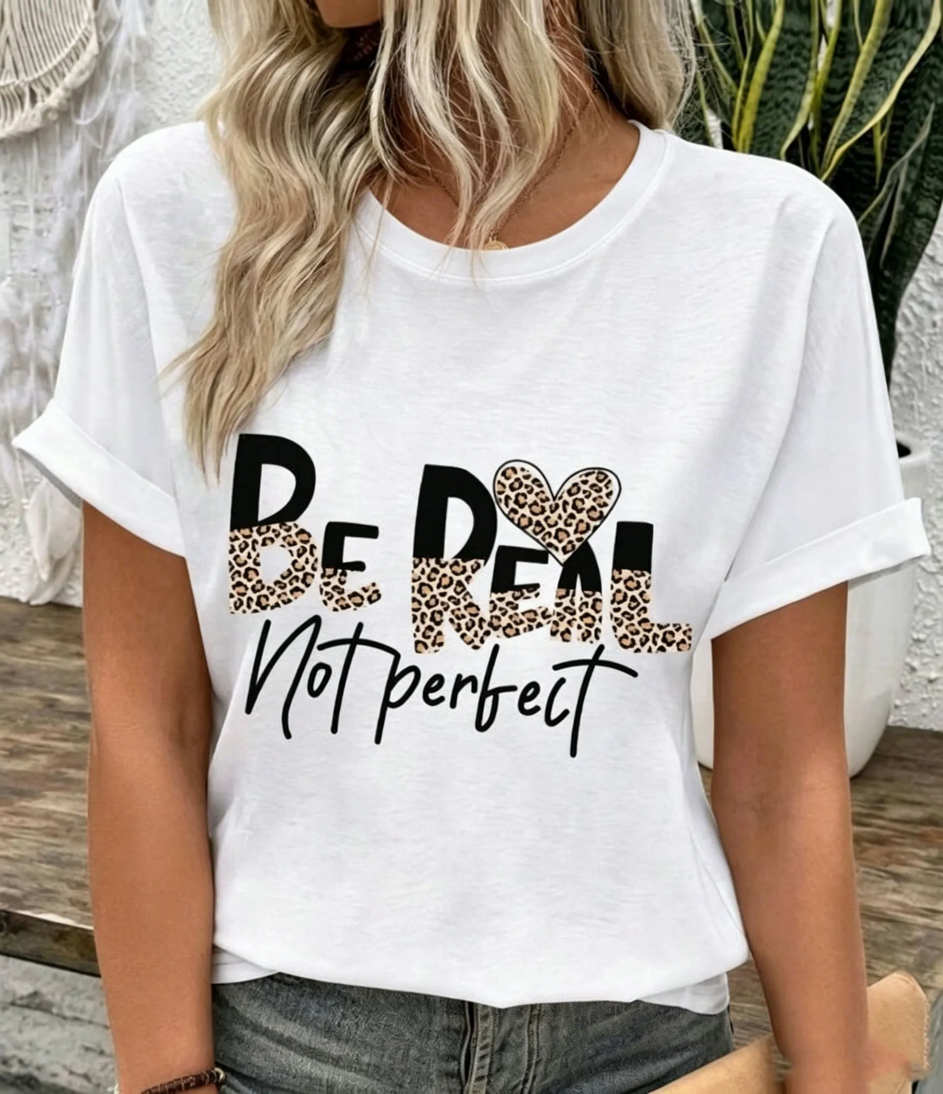 T-shirt Femme Décontracté Col Rond Manches Courtes Imprimé Cœur Léopard 'Be Real Not Perfect' Style Vintage Ample Basique Quotidien Blouse d'Été