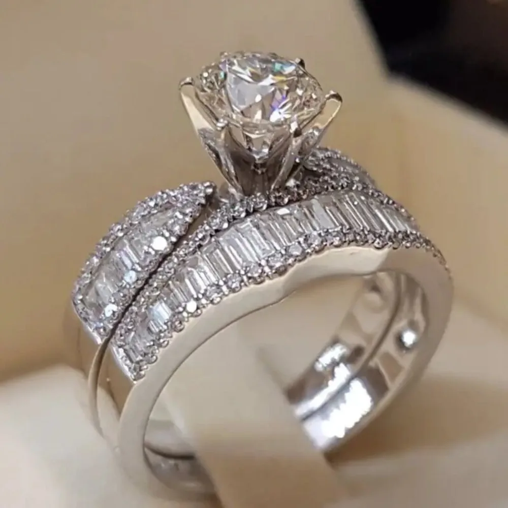 2Pcs Luxury Round 5A Zircon 6 Prong Stackable Bridal Ring Set for Women Bride Engagement Wedding Promise Band Statement Jewelry