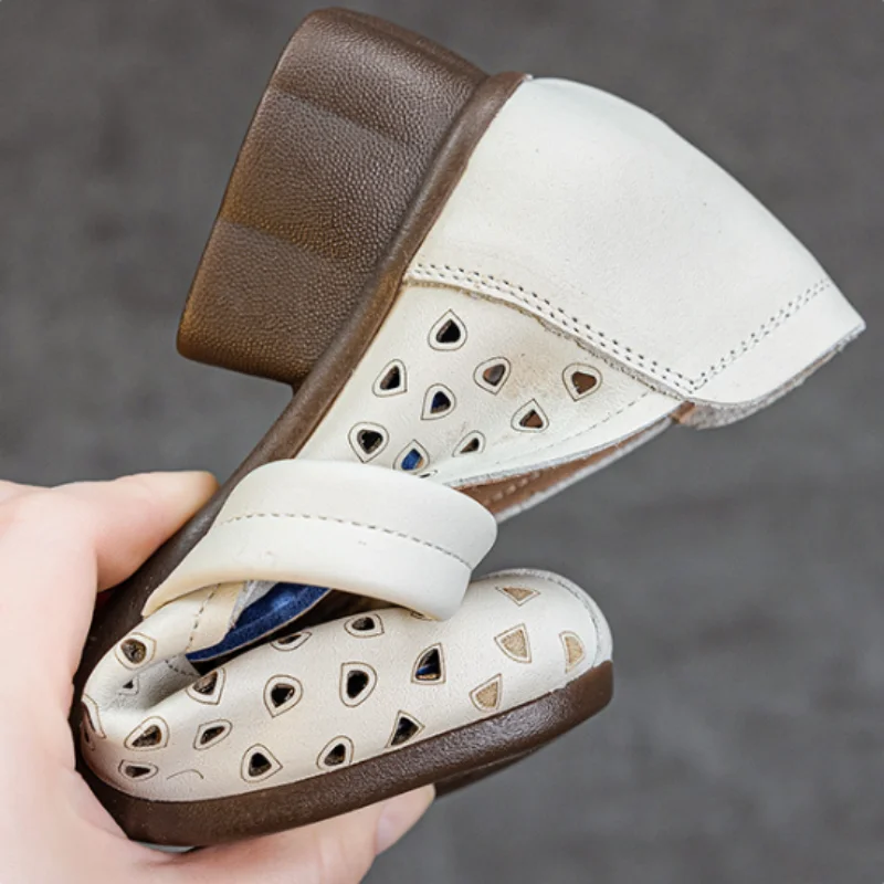 ZXRYXGS 2026 Promotion Top Cowhide Hole Hole Shoes Fashion Sandals Mid Heels Summer Round Toe Breathable Real Leather Sandals