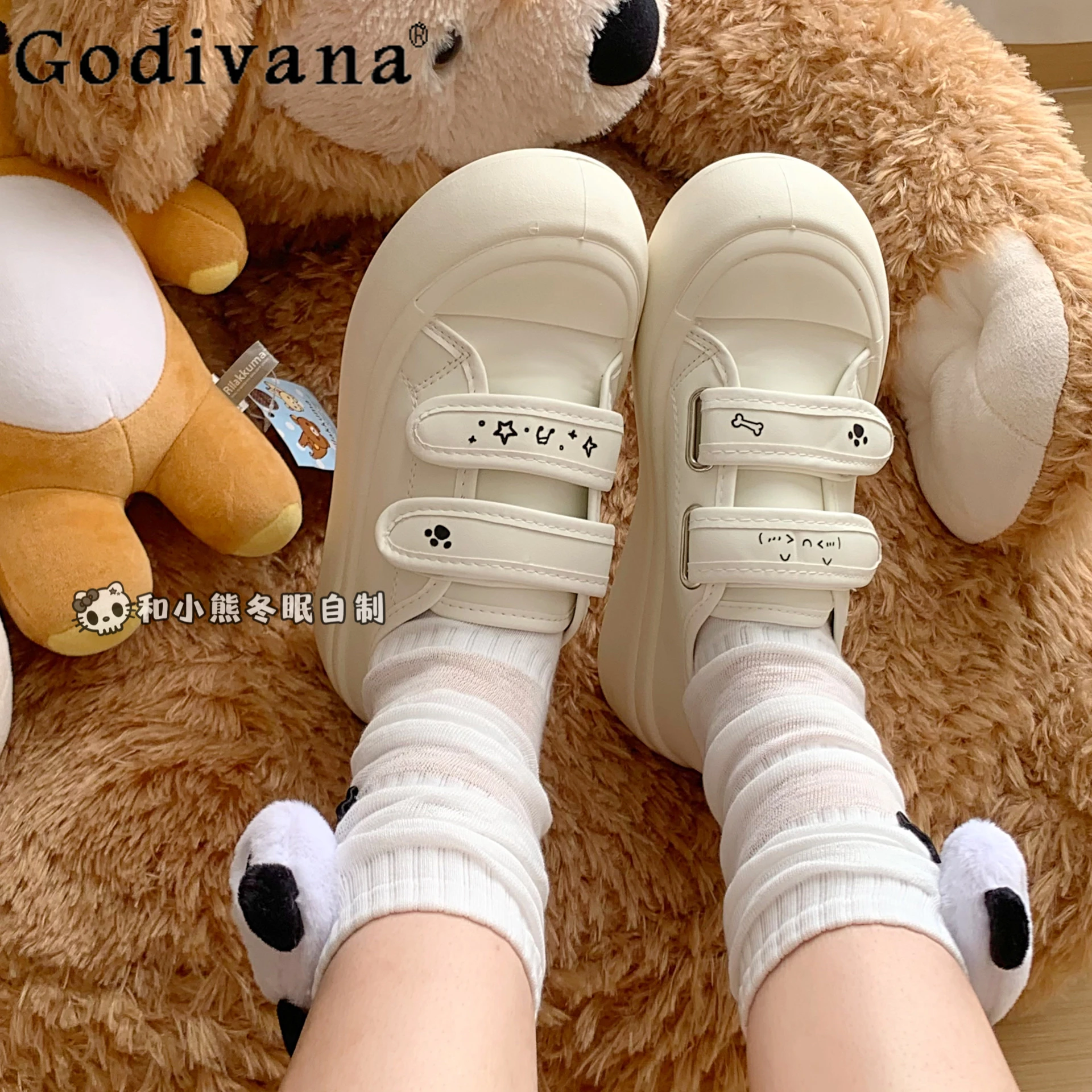 

Women's Japanese Style White Casual Platform Shoes Student Cute Kawaii Cartoon Print Velcro Shoes Spring and Autumn New 2024