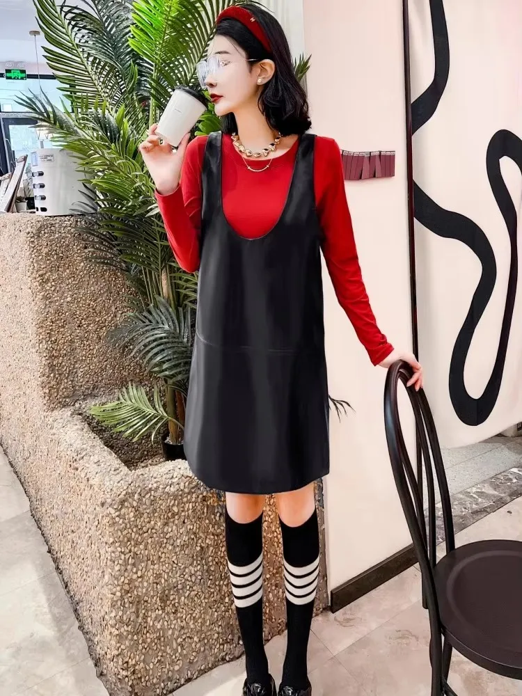 เดรสหนังแท้ทรงเอ สไตล์ลำลอง คอวี แขนกุด สำหรับผู้หญิง ใส่สบาย เหมาะกับฤดูใบไม้ร่วง สีดำ