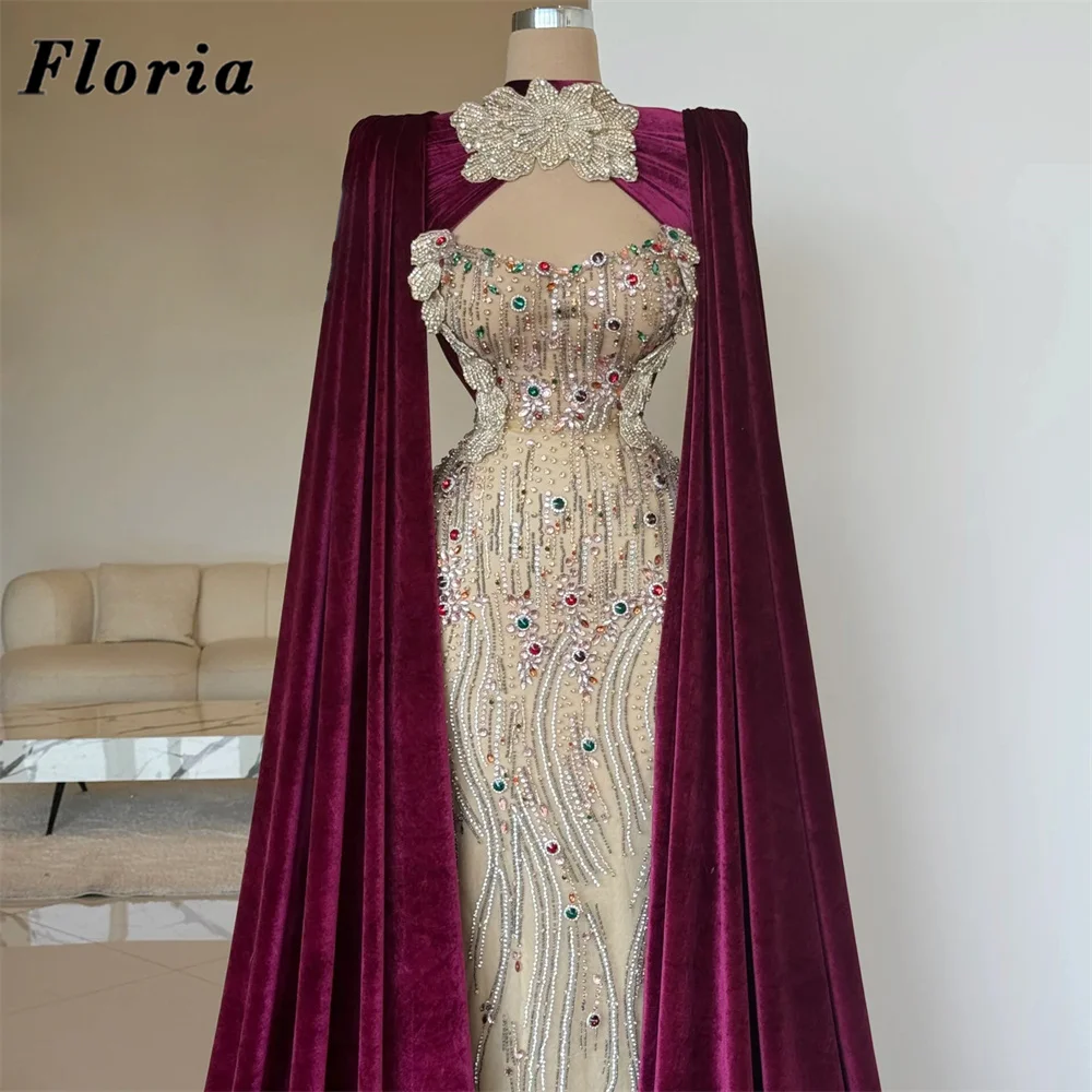 Middle East Beading Celebrity Dresses With Cape Long Sleeves Luxury Crystals Wedding Party Gowns Customized Girls Evening Dress