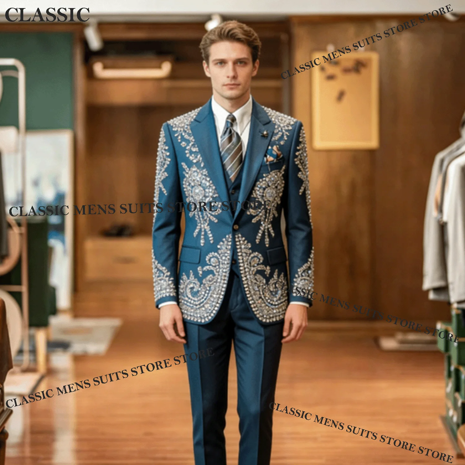 

Customized Diamond Jewelry Suit For Men Simple Groom Party Male Blazer 3 Piece Sets Sparkly Slim Fit Tuxedos Wedding Ropa Hombre