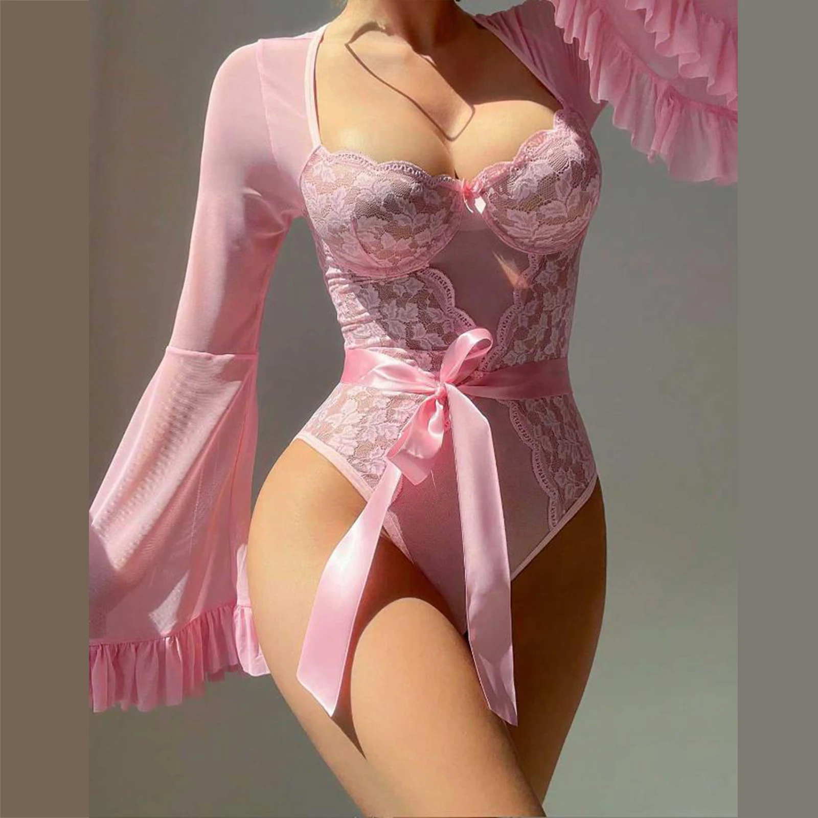 Body da donna Lingerie Manica svasata Taglio basso Patchwork in pizzo Slim Fit Indumenti da notte trasparenti