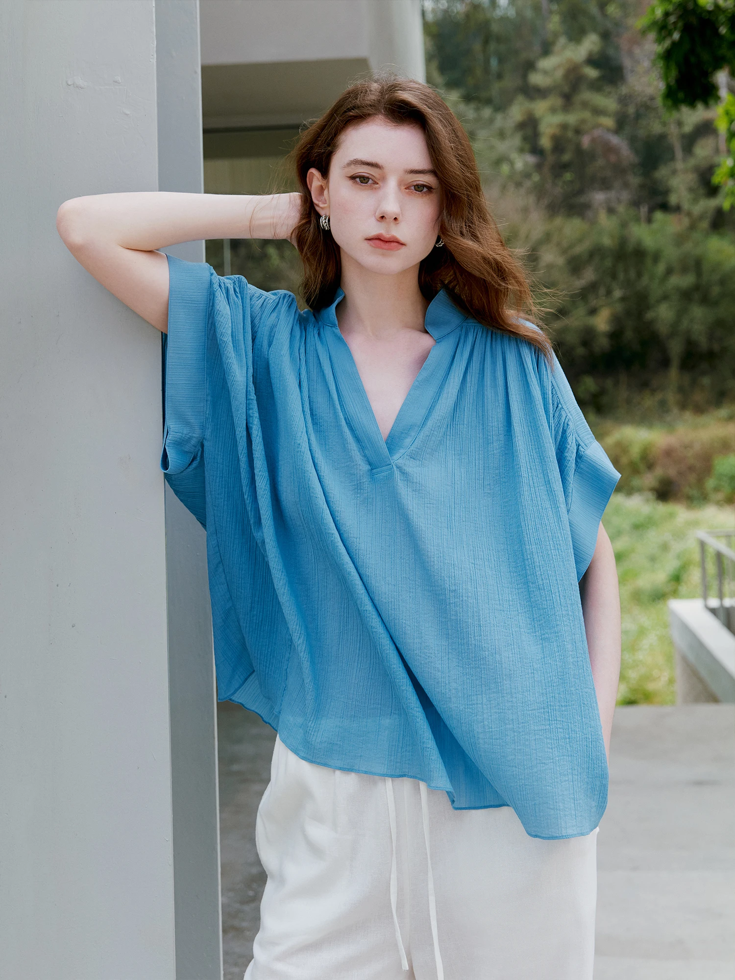 

Linen Cotton Shirt Summer Breeze Shapeless Short Sleeve Lazy Style V-Neck Women's Casual Breathable Comfortable French Style