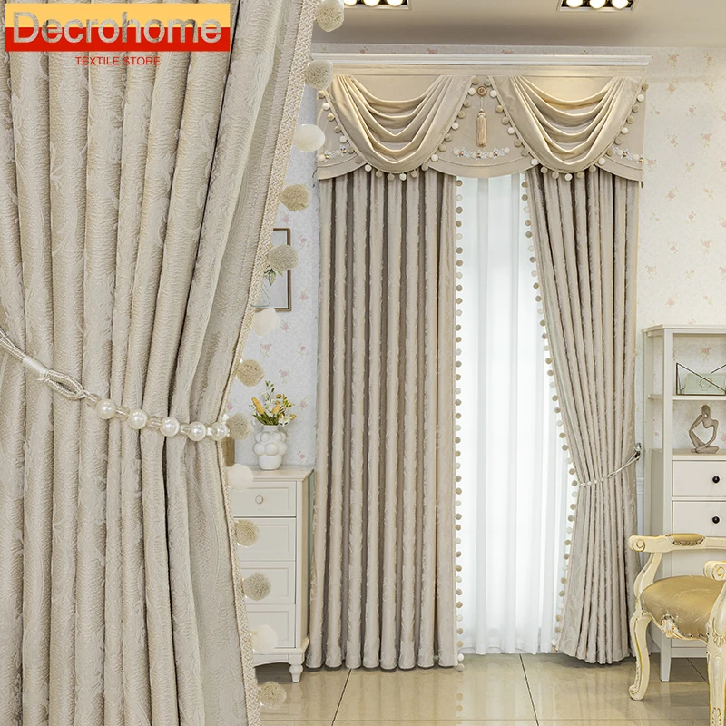 

French Luxury Modern Cream Beige Thickened Double-sided Jacquard Curtains for Living Room Bedroom Dining Custom Size Valance