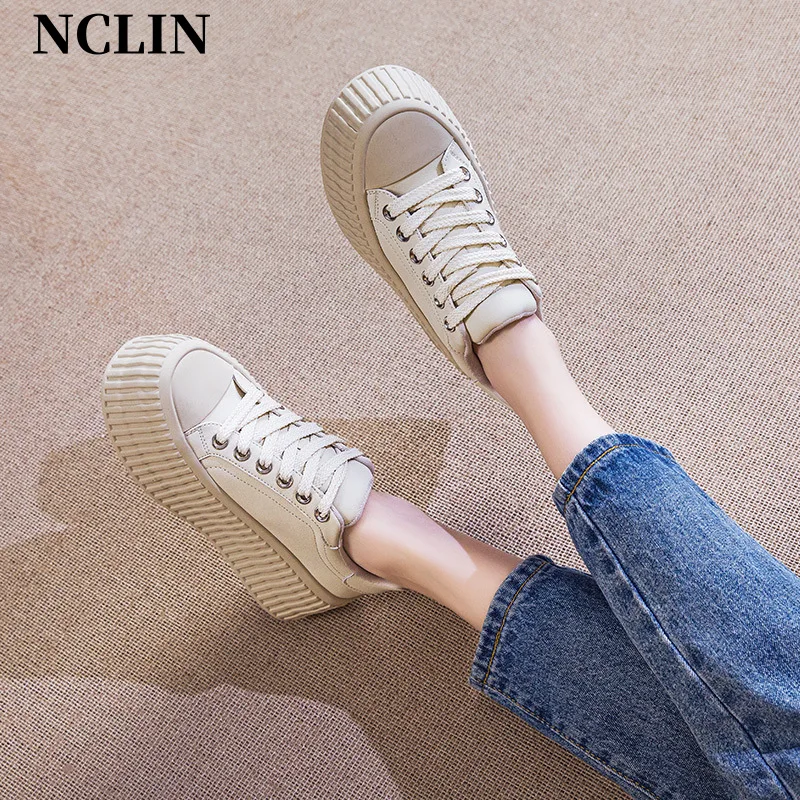 

Spring Split Leather Women's Shoes Thick-soled Round Toe Casual Shoes Women's Vulcanize shoes Women's Sneakers Zapatos Mujer