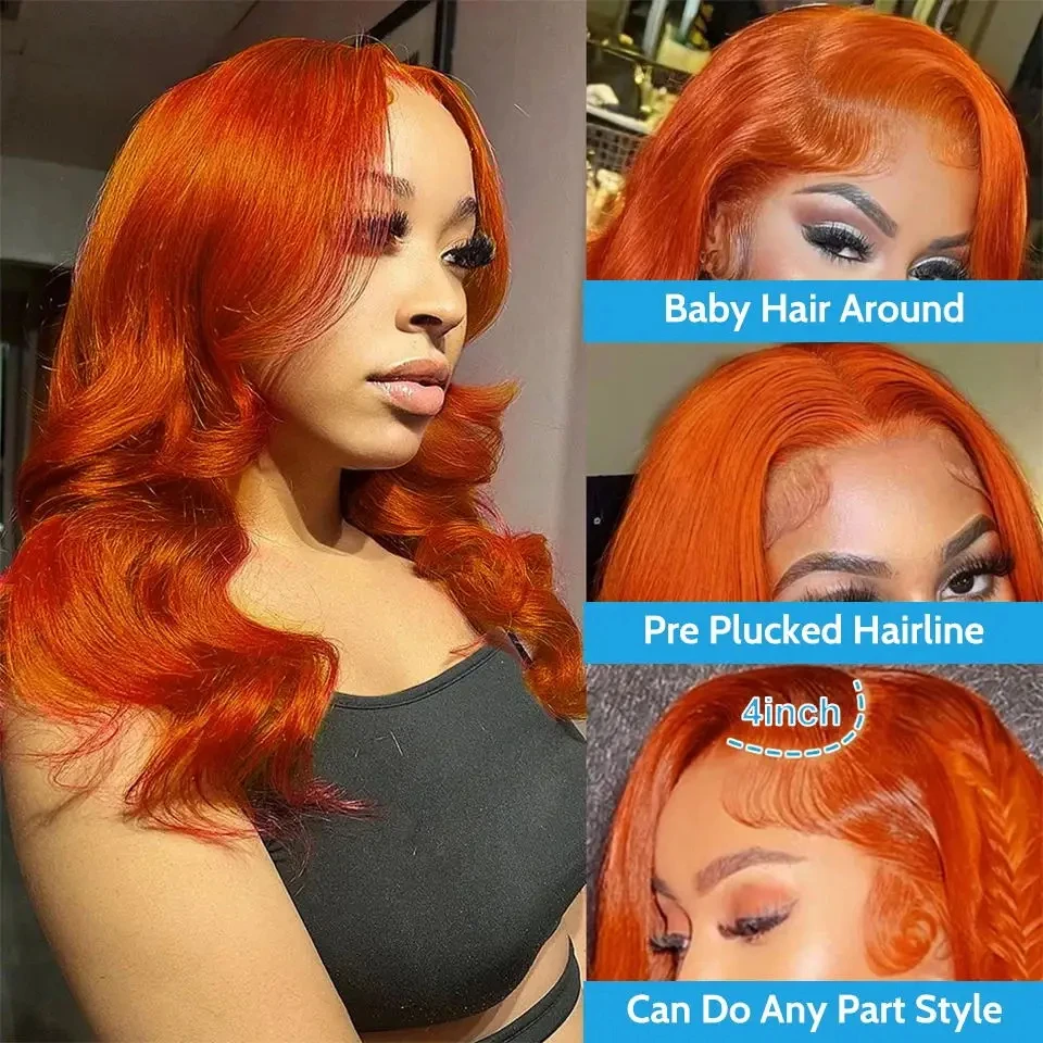 Body Wave 4x4 Lace Wigs Ginger Orange Long Wigs 100% Human Hiar Wig Natural Wavy Body Wave Wig Pre Plucked With Baby Hair