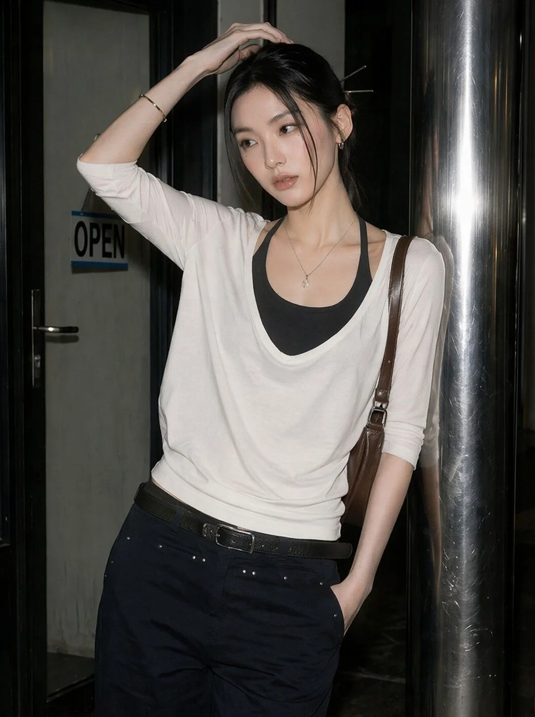 White V-Neck Short Sleeve Women's T-Shirt Set with Halter Neck Vest Slimming Top Korean Style Commute Fashion Loose Fit