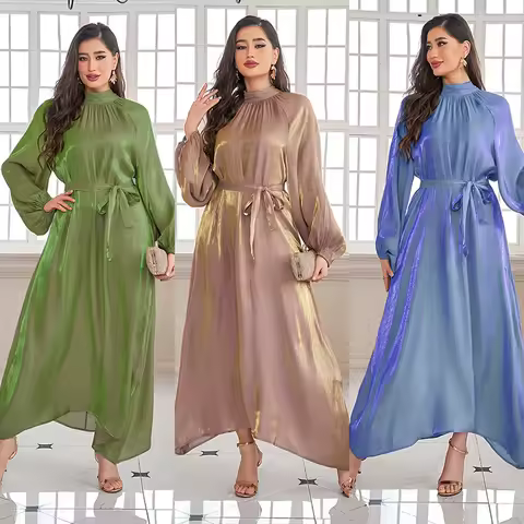 Arabian Turkish Long Robe Dress with Bow Tie Lantern Sleeve Evening Gown for Party Elegant Polyester Floor Length Dress