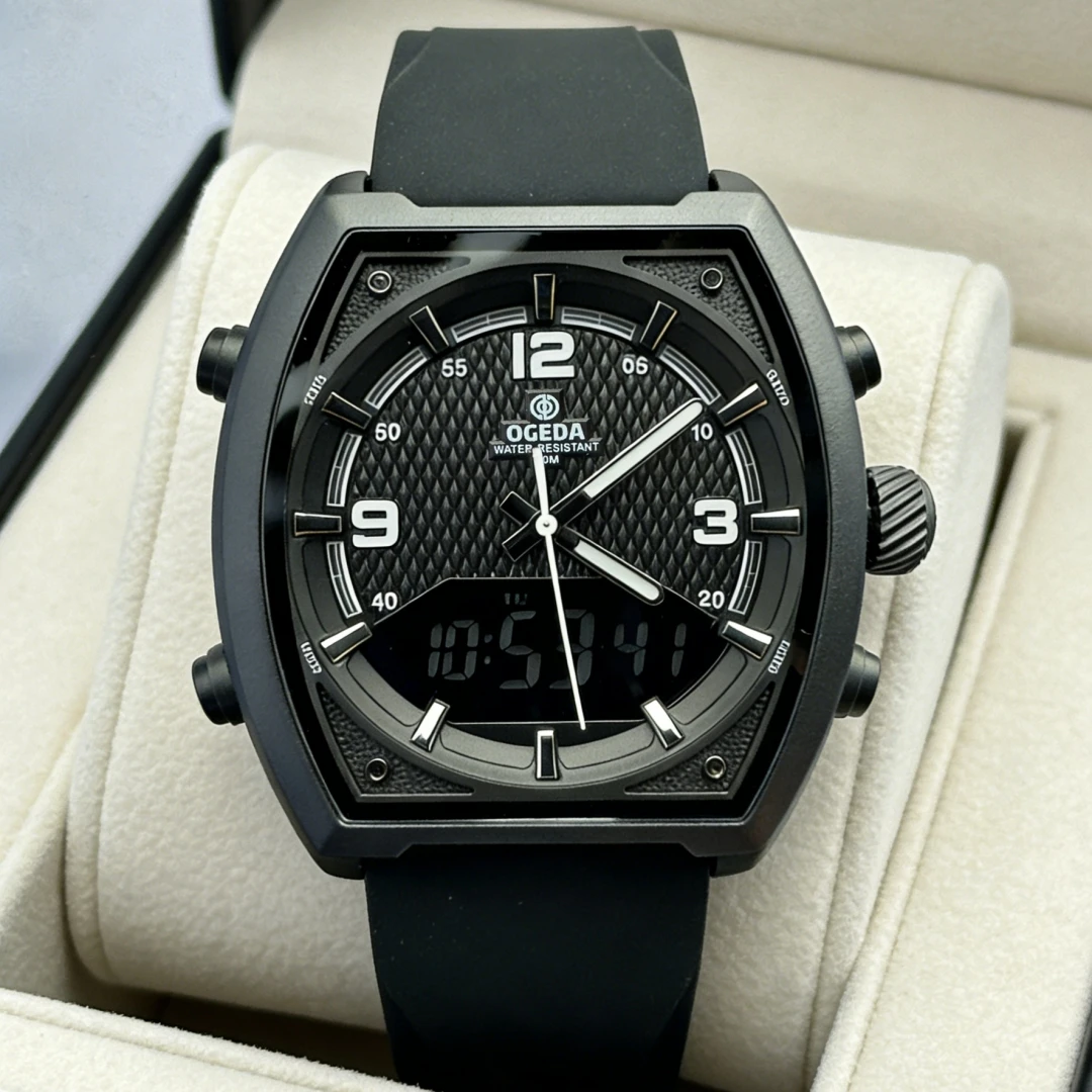 

OGEDA 2026 Новые мужские спортивные часы с силиконовым ремешком, многофункциональные кварцевые часы с двойным дисплеем, модный спортивный стиль