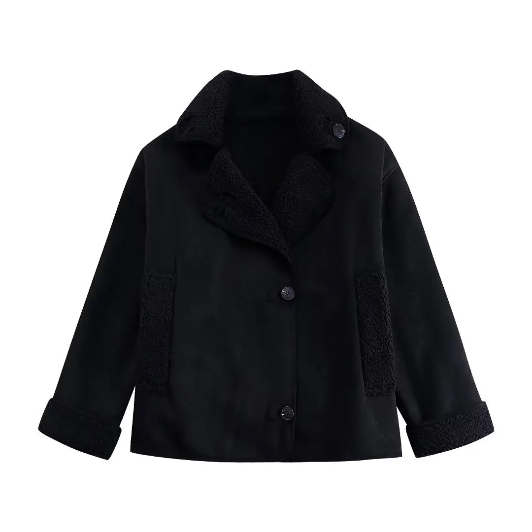 Women's Thick Imitation Leather Jacket, Retro Warm Collar, Slanted Buckle, Loose Pocket, Solid Color Jacket, Winter