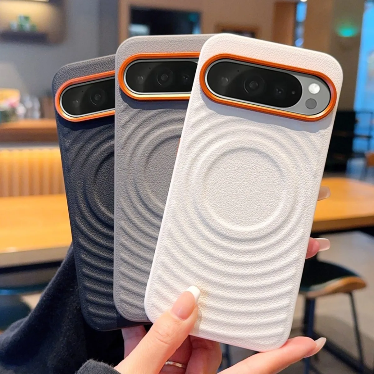 Luxury Wave Texture Leather Case For Google Pixel 9 10 Pro XL 10a 9a Magnetic Cover with Metal Camera Frame Protection